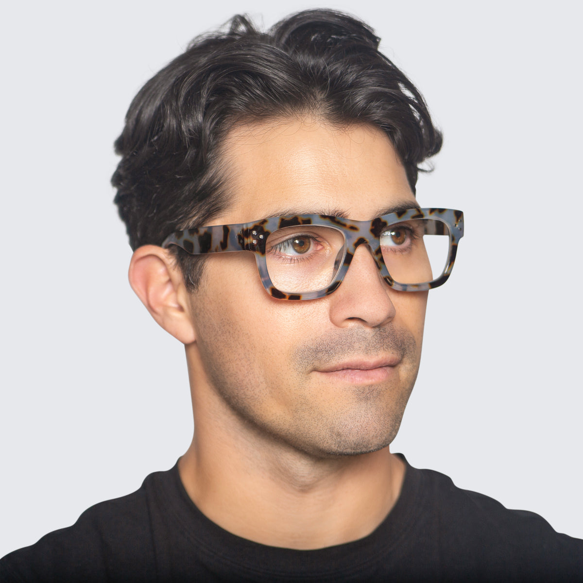 Jaxy Podium Rectangle sunglasses — worn view #Color_Grey Tort