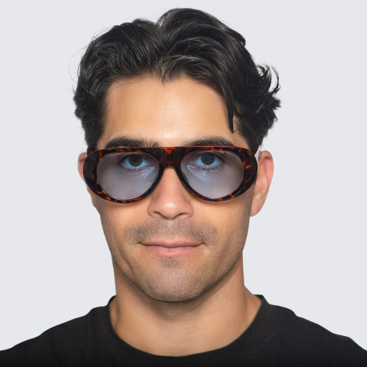Jaxy The Catalyst Aviator sunglasses — worn view #Color_Tort/Blue