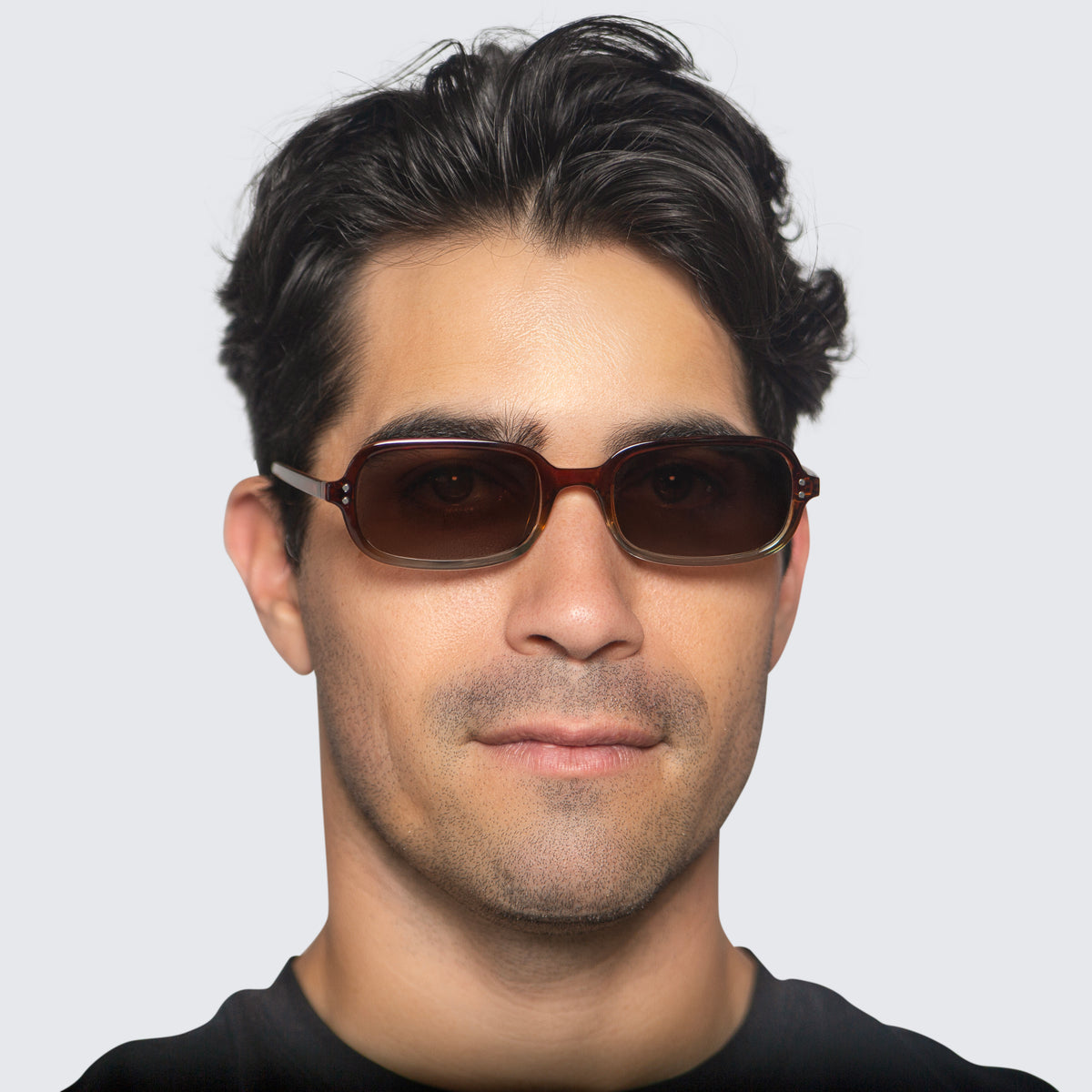 Jaxy Palm State Rectangle sunglasses — worn view #Color_Brown