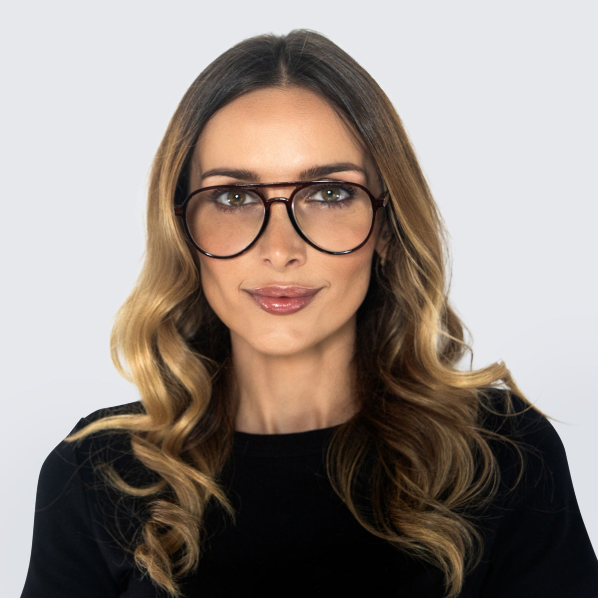 Jaxy Sidewalk Aviator sunglasses — worn view #Color_Brown