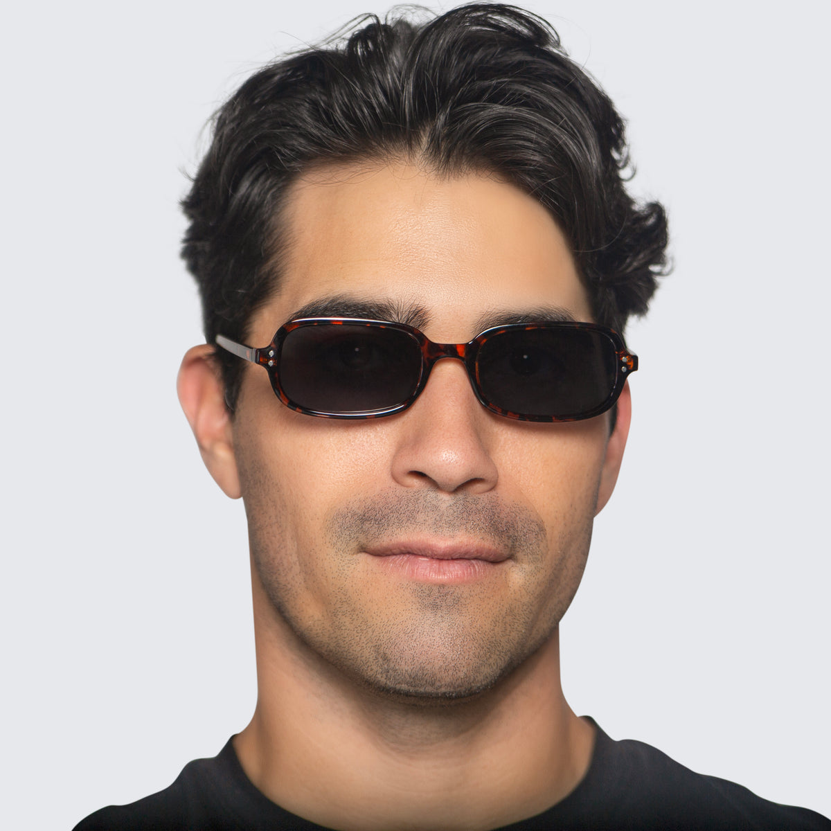 Jaxy Palm State Rectangle sunglasses — worn view #Color_Tortoise