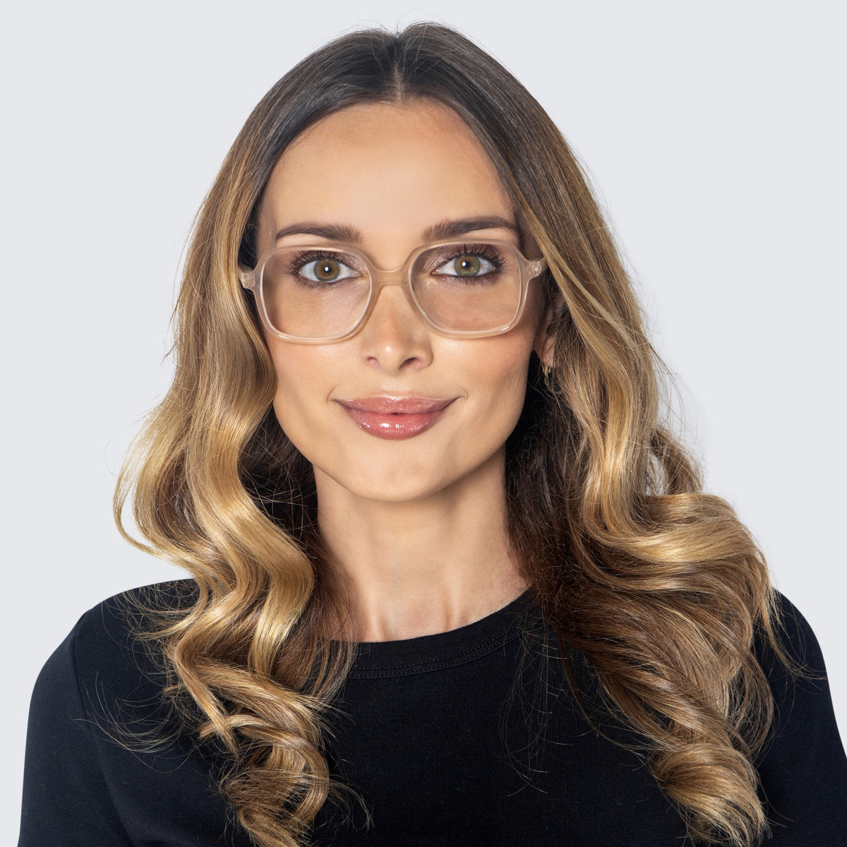 Jaxy Serenade Blue Light Glasses Oversized sunglasses — worn view #Color_Champagne / Blue Light