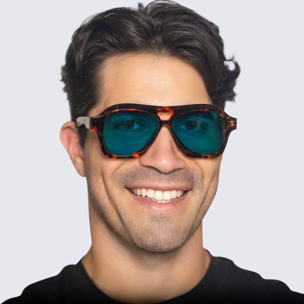 Jaxy Burnout Aviator sunglasses — worn view #Color_Tort/Teal