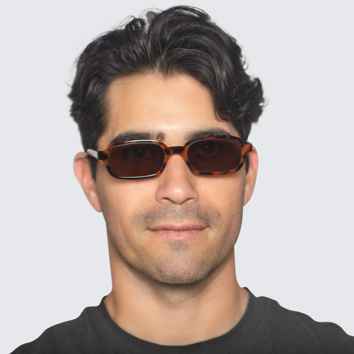 Jaxy Palm State Rectangle sunglasses — worn view #Color_Tortoise