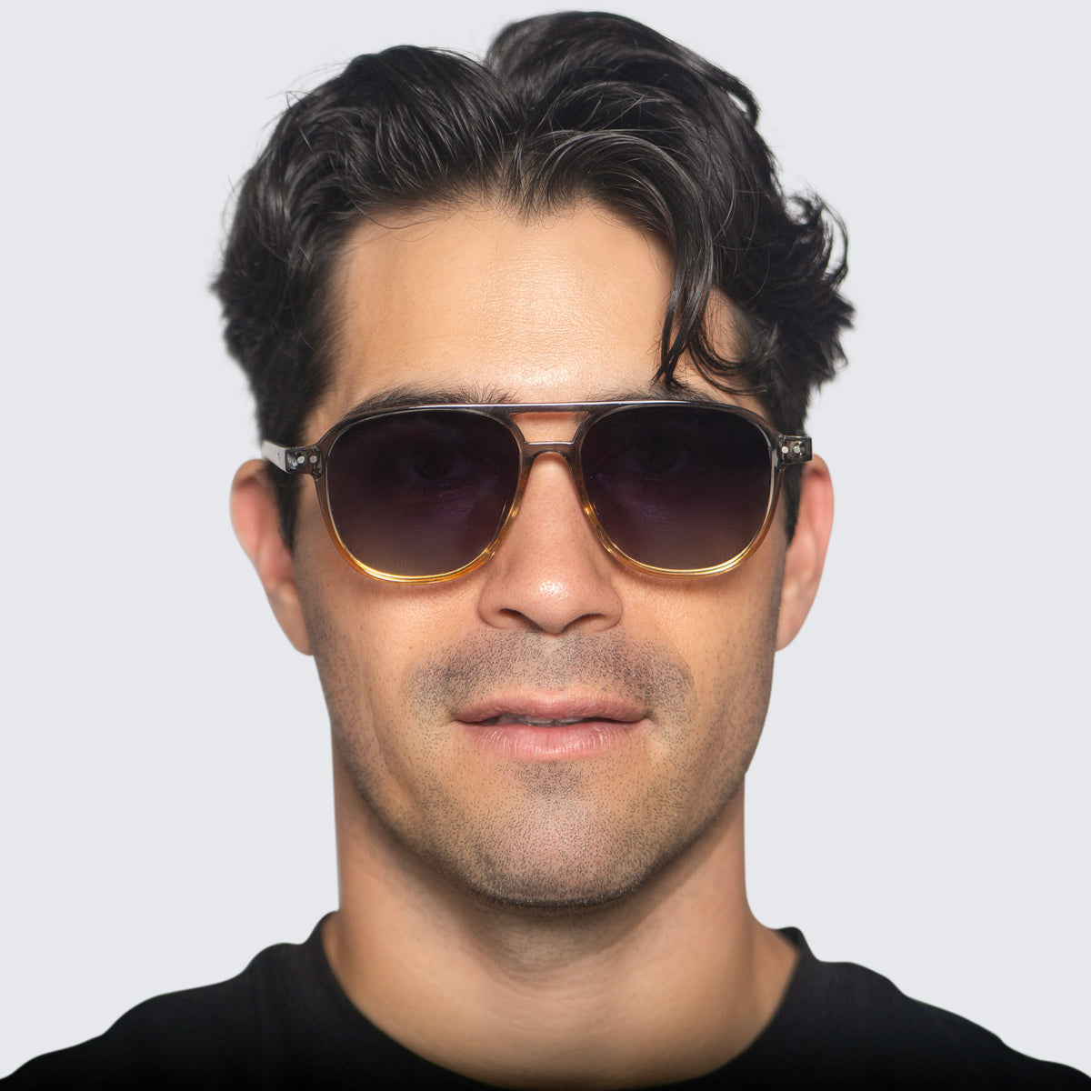 Jaxy Eastwood Aviator sunglasses — worn view #Color_Grey