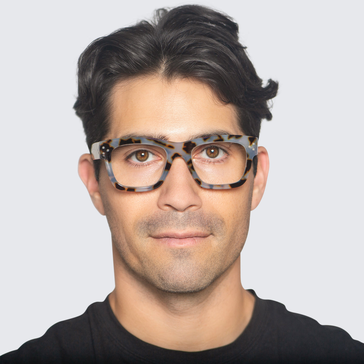 Jaxy Podium Rectangle sunglasses — worn view #Color_Grey Tort