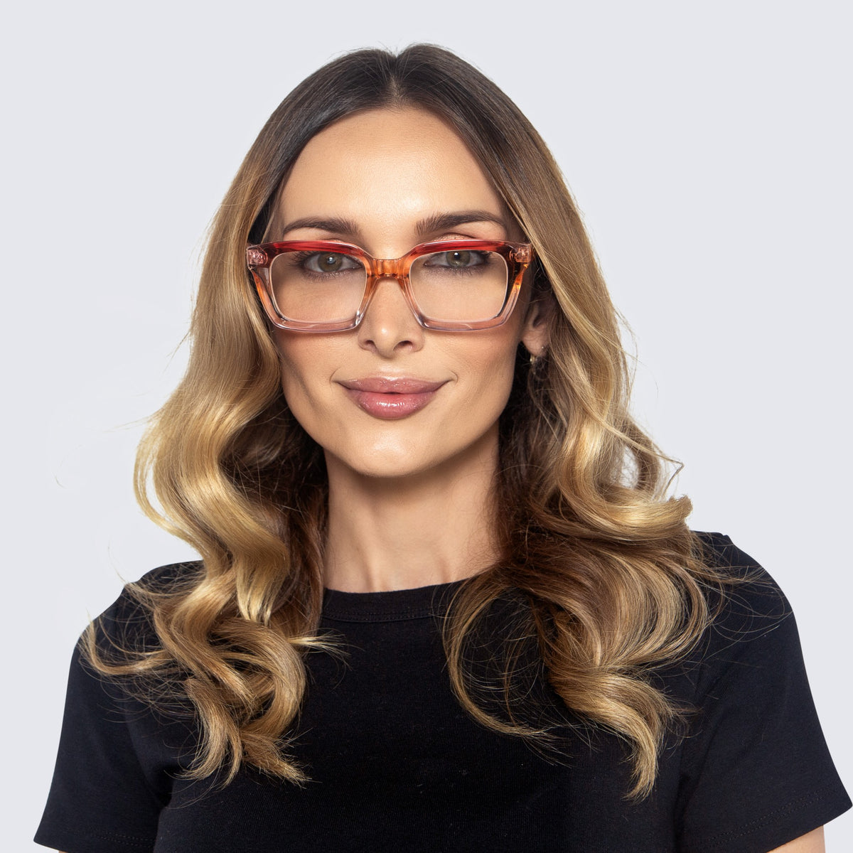 Jaxy Palazzo Square reading glasses — worn view #Color_Pink