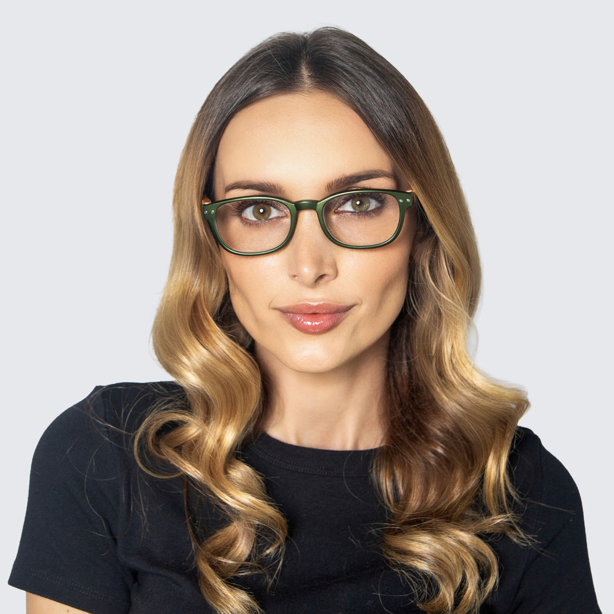 Jaxy Timber Blue Light Glasses Round sunglasses — worn view #Color_Green / Blue Light