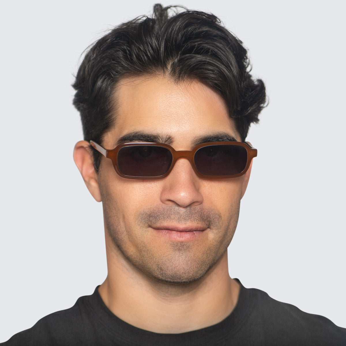 Jaxy Palm State Rectangle sunglasses — worn view #Color_Brown