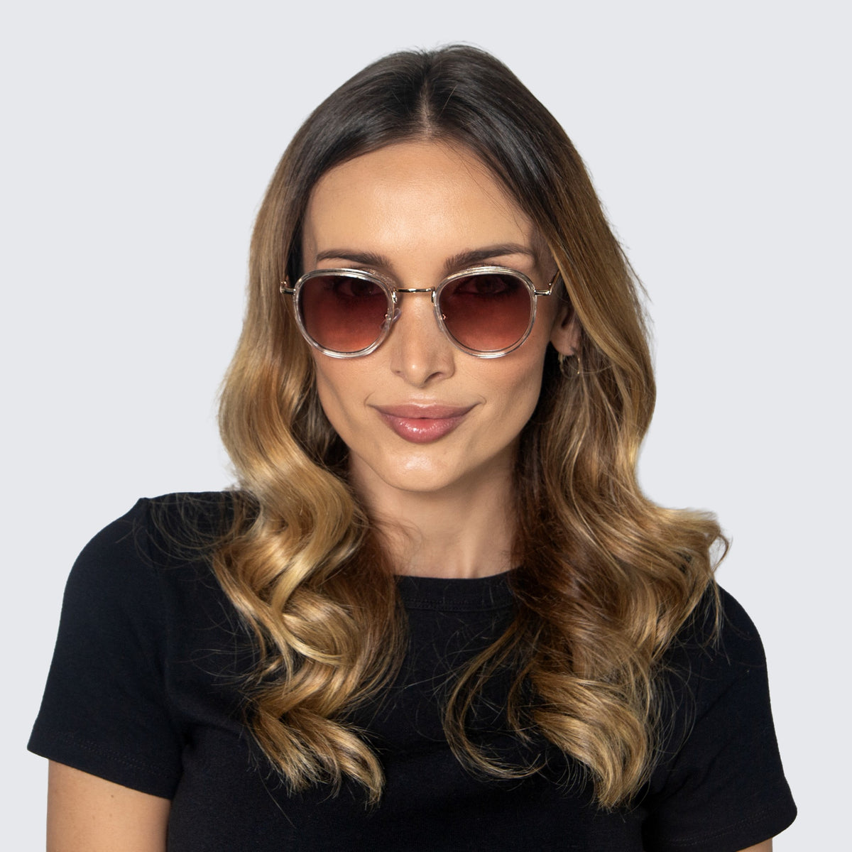 Jaxy Latitude Round sunglasses — worn view #Color_Crystal