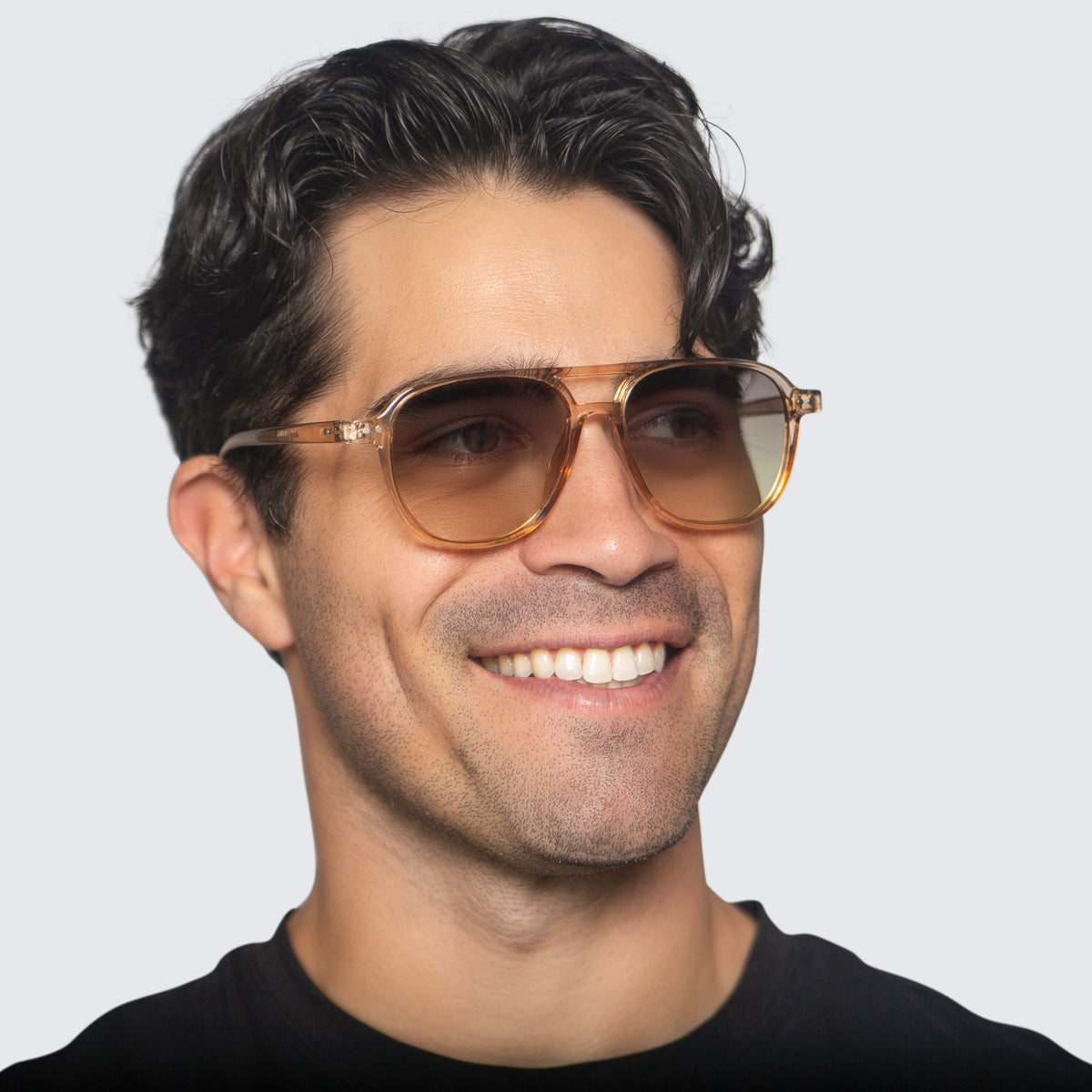 Jaxy Eastwood Aviator sunglasses — worn view #Color_Brown