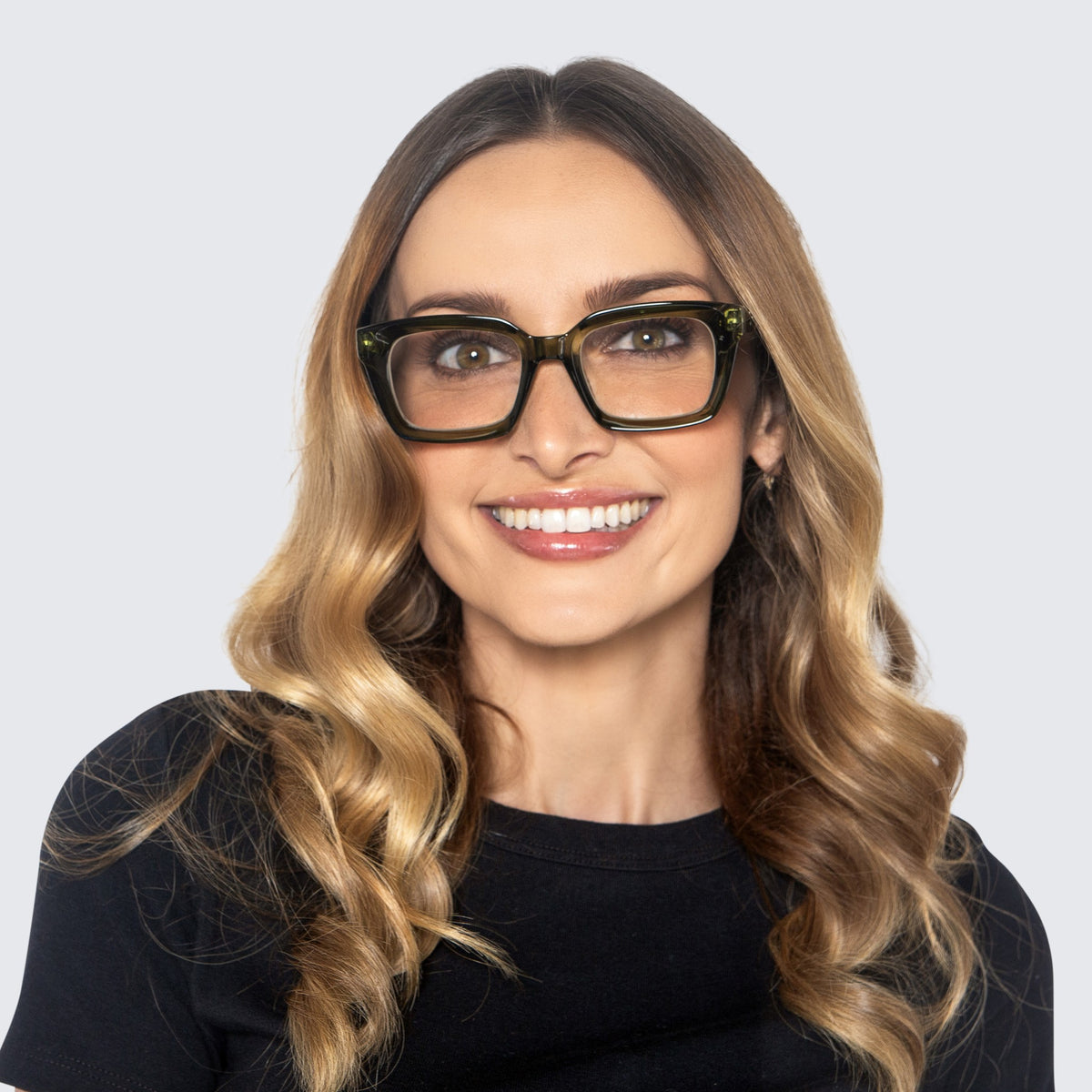 Jaxy Palazzo Square reading glasses — worn view #Color_Green