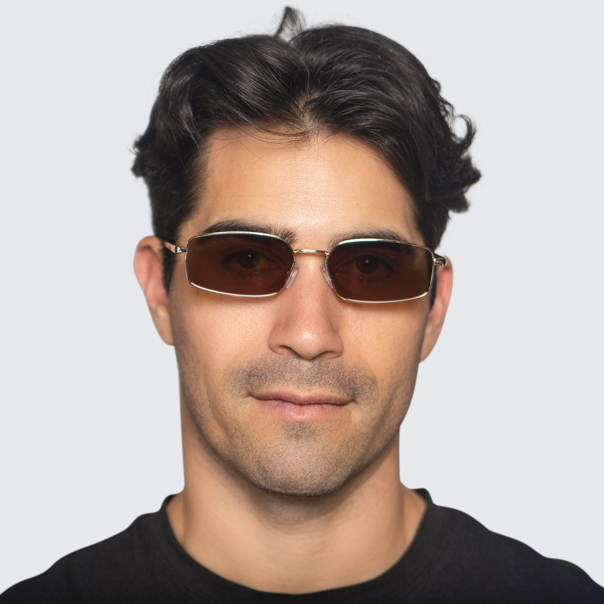 Jaxy Caliber Rectangle sunglasses — worn view #Color_Gold