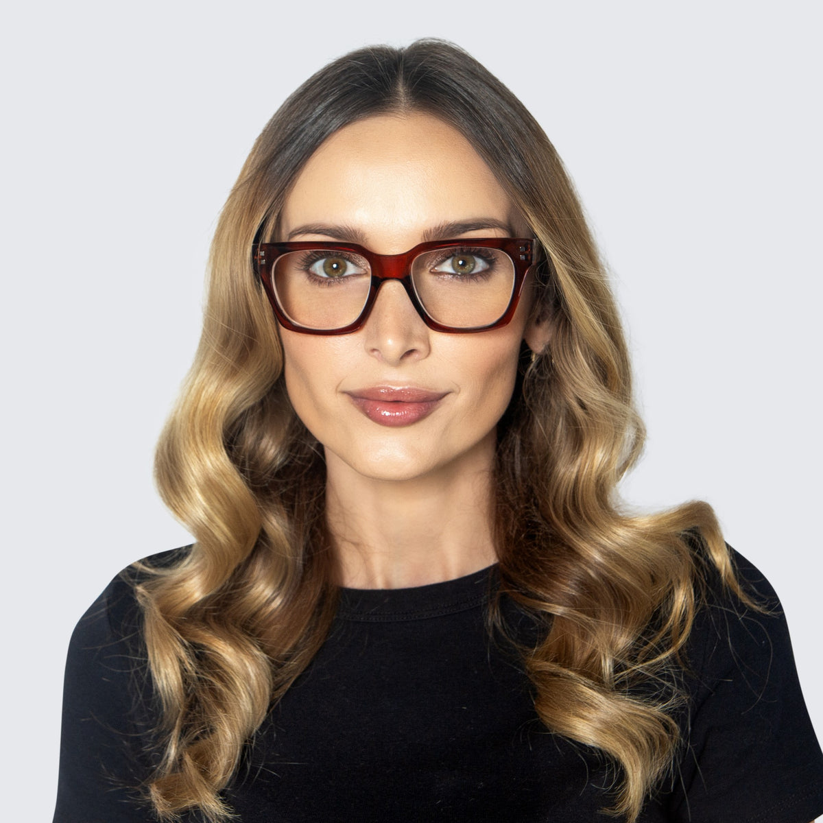 Jaxy Volume Blue Light Glasses Square sunglasses — worn view #Color_Brown / Blue Light