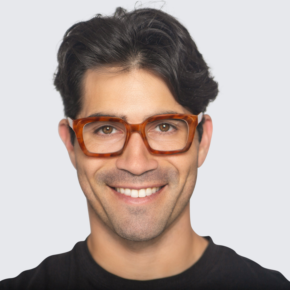 Jaxy Palazzo Square reading glasses — worn view #Color_Amber/Tortoise