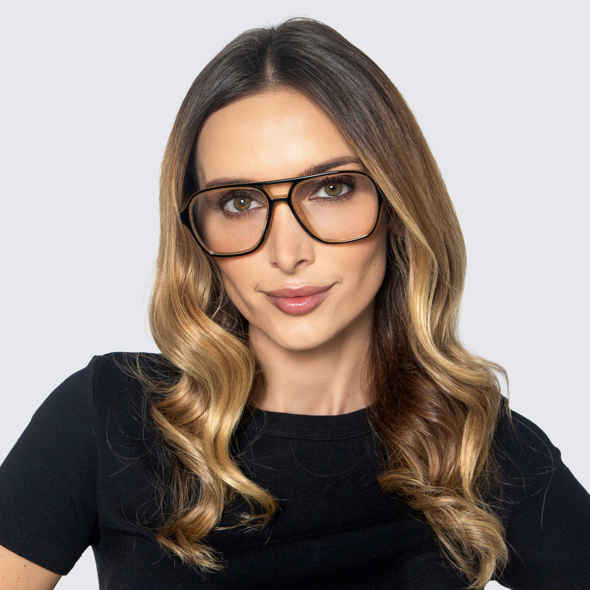 Jaxy Headline Blue Light Glasses Aviator sunglasses — worn view #Color_Brown / Blue Light