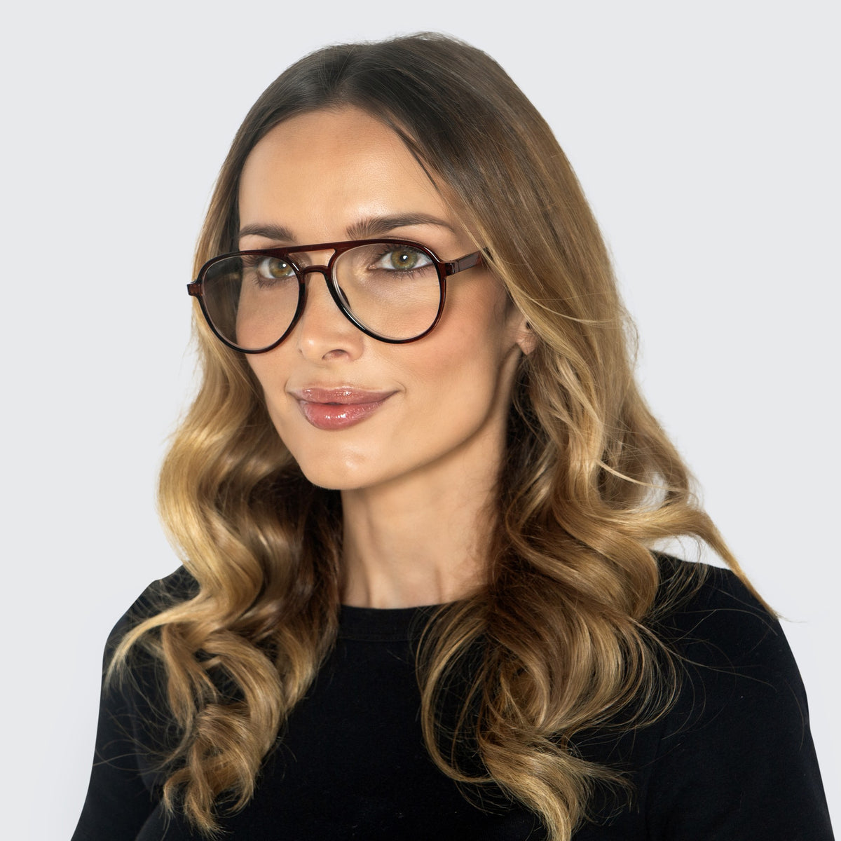 Jaxy Sidewalk Aviator sunglasses — worn view #Color_Brown